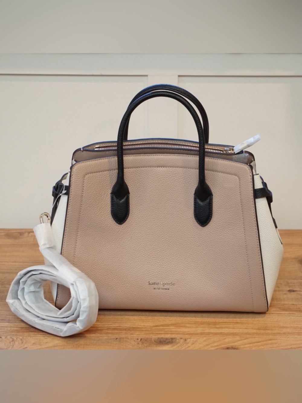 kate spade Colorblock Pebbled Leather Satchel Crossbody Taupe Cream Black